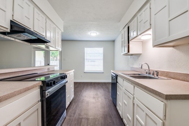 2210 Sheriff Dr, Grand Prairie, TX 75051 - kitchen featuring black appliances, a sink, under cabinet range hood, baseboards, and dark wood-style floors