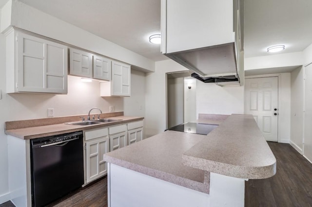 2210 Sheriff Dr, Grand Prairie, TX 75051 - kitchen with black appliances, a sink, dark wood-style flooring, a peninsula, and white cabinetry