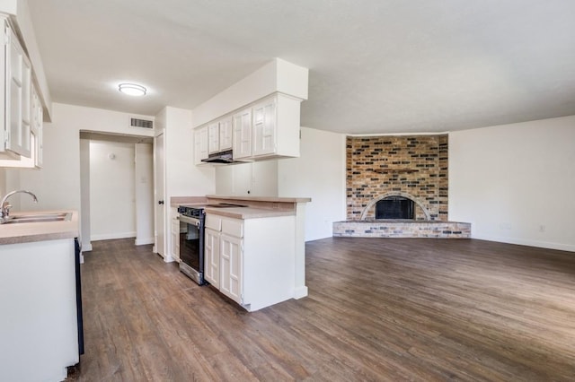 2210 Sheriff Dr, Grand Prairie, TX 75051 - kitchen featuring a sink, electric stove, open floor plan, dark wood-type flooring, and white cabinets
