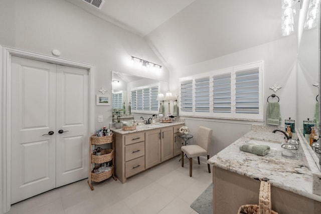 1076 Fleetwood Dr, Justin, TX 76247 - full bath featuring a shower stall, tile patterned flooring, lofted ceiling, vanity, and recessed lighting