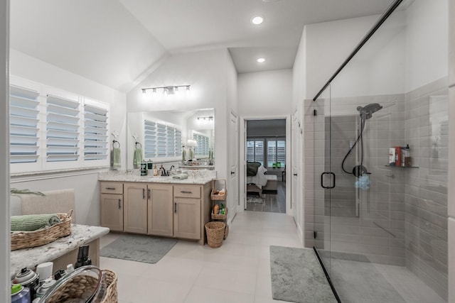 1076 Fleetwood Dr, Justin, TX 76247 - bathroom featuring ensuite bathroom, vanity, recessed lighting, baseboards, and high vaulted ceiling
