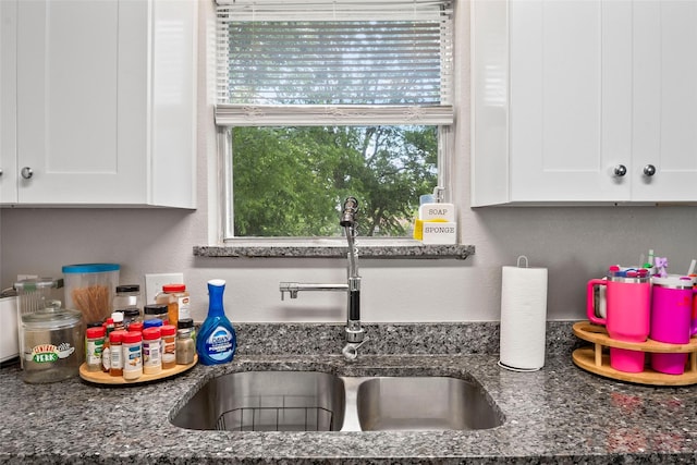 3100 Karla, Mesquite, TX 75150 - kitchen with a sink, white cabinets, and dark stone counters