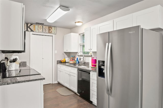 3100 Karla, Mesquite, TX 75150 - kitchen with stainless steel refrigerator with ice dispenser, a sink, black dishwasher, dark wood-style flooring, and white cabinetry