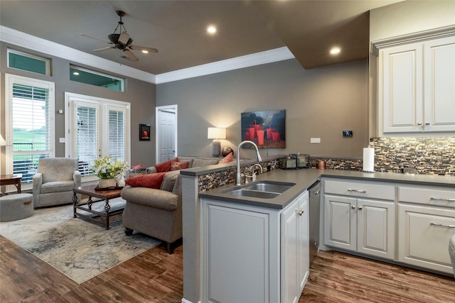 3528 Clubgate Dr, Fort Worth, TX 76137 - kitchen featuring a sink, a peninsula, wood finished floors, ornamental molding, and open floor plan