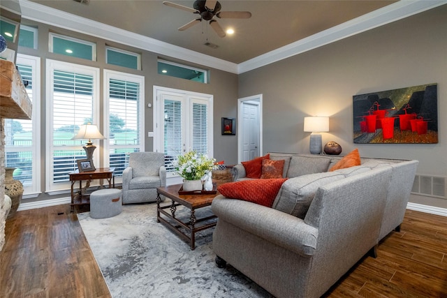 3528 Clubgate Dr, Fort Worth, TX 76137 - living room with crown molding, visible vents, wood finished floors, and ceiling fan