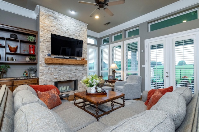 3528 Clubgate Dr, Fort Worth, TX 76137 - living room with visible vents, recessed lighting, a fireplace, ceiling fan, and crown molding
