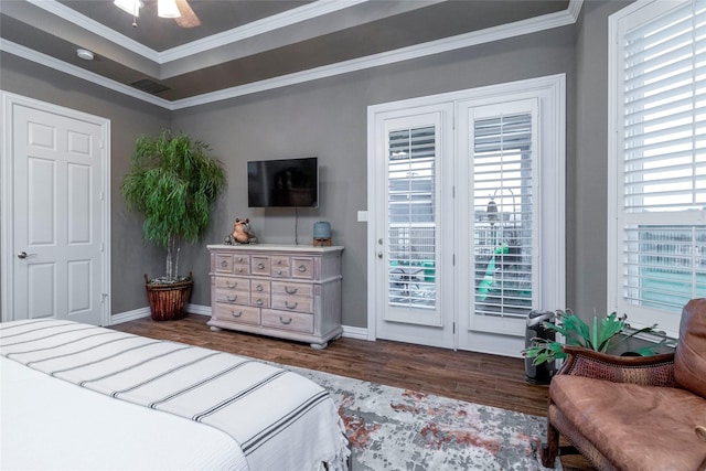 3528 Clubgate Dr, Fort Worth, TX 76137 - bedroom featuring crown molding, baseboards, wood finished floors, and access to exterior