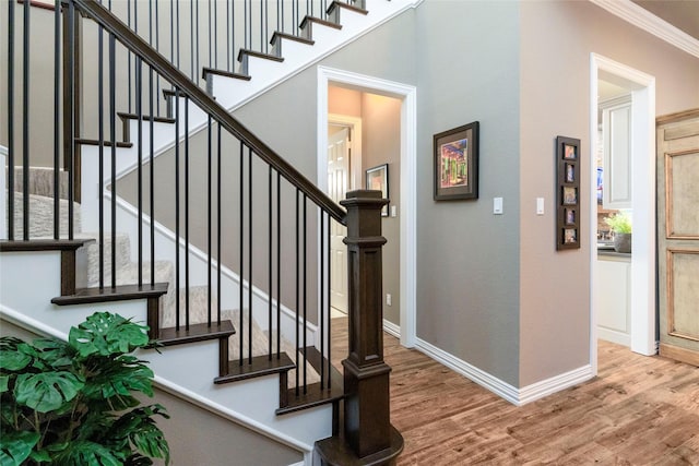 3528 Clubgate Dr, Fort Worth, TX 76137 - stairs with baseboards, ornamental molding, a towering ceiling, and wood finished floors