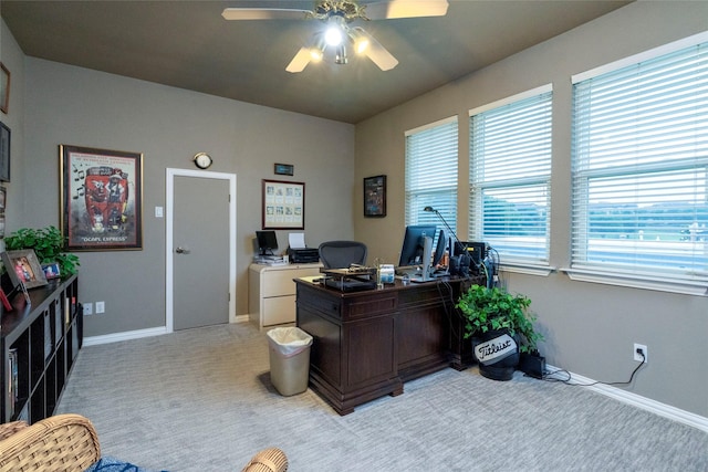 3528 Clubgate Dr, Fort Worth, TX 76137 - home office featuring light carpet, baseboards, and ceiling fan