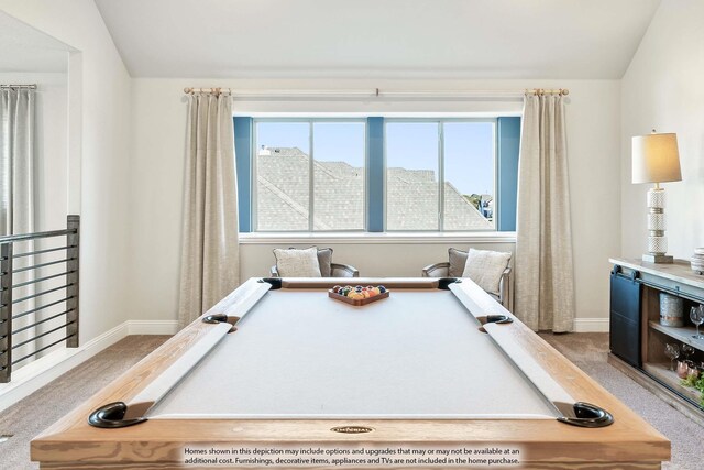 playroom featuring lofted ceiling, pool table, carpet floors, and baseboards