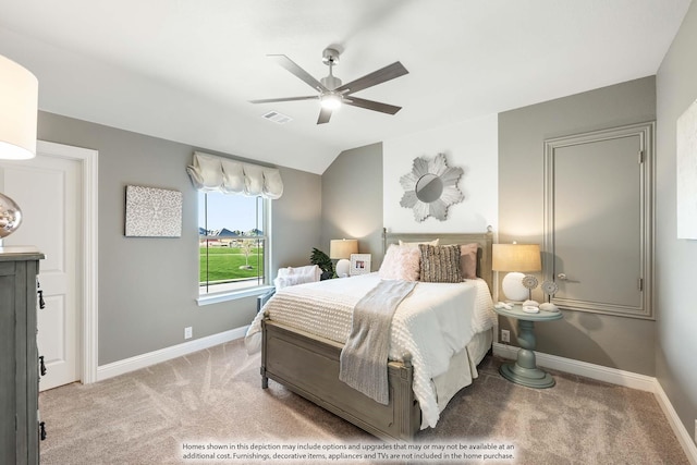 bedroom featuring baseboards, ceiling fan, visible vents, and carpet floors