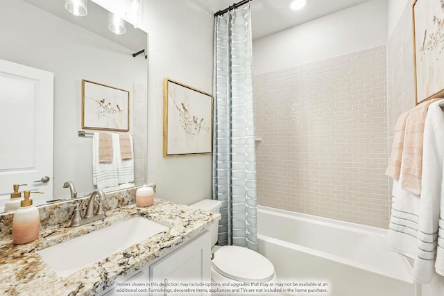 full bath featuring toilet, shower / tub combo, and vanity