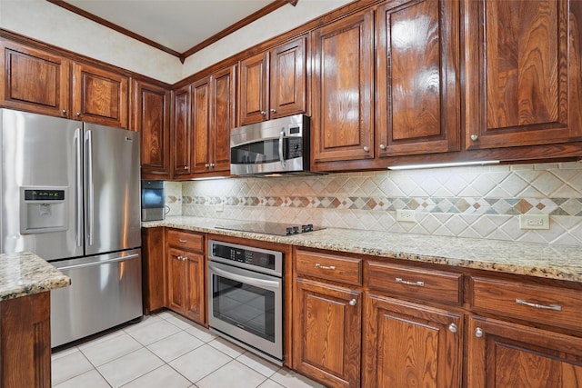 209 Odyssey Ln, Mansfield, TX 76063 - kitchen with decorative backsplash, light stone counters, light tile patterned floors, and appliances with stainless steel finishes
