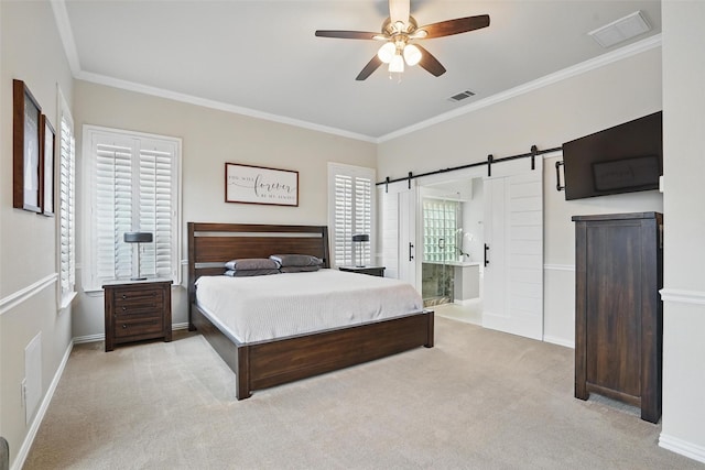 209 Odyssey Ln, Mansfield, TX 76063 - carpeted bedroom featuring ornamental molding, a barn door, and visible vents