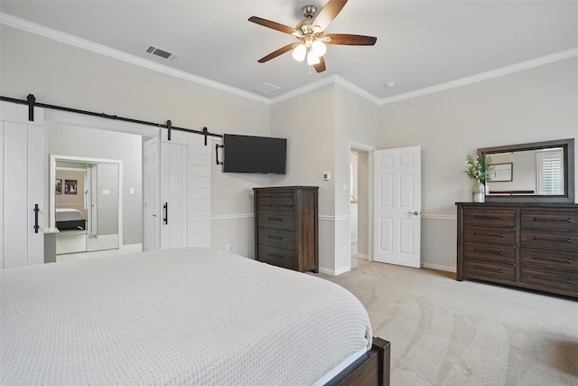209 Odyssey Ln, Mansfield, TX 76063 - bedroom featuring light colored carpet, crown molding, a barn door, and visible vents