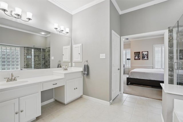209 Odyssey Ln, Mansfield, TX 76063 - bathroom featuring a sink, crown molding, and a stall shower