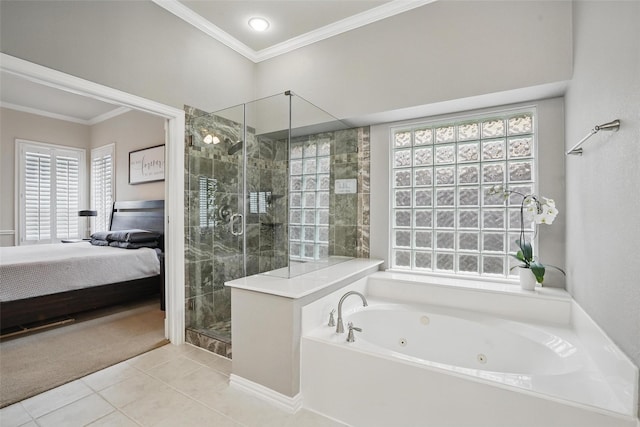 209 Odyssey Ln, Mansfield, TX 76063 - full bath with tile patterned flooring, ornamental molding, ensuite bathroom, and a shower stall