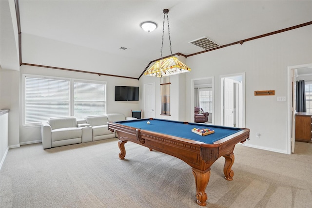 209 Odyssey Ln, Mansfield, TX 76063 - game room with baseboards, lofted ceiling, billiards, and carpet floors