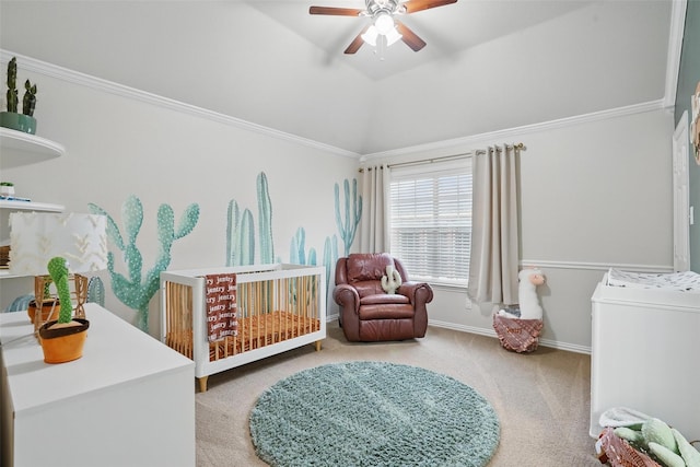209 Odyssey Ln, Mansfield, TX 76063 - bedroom with a ceiling fan, light carpet, a crib, and vaulted ceiling