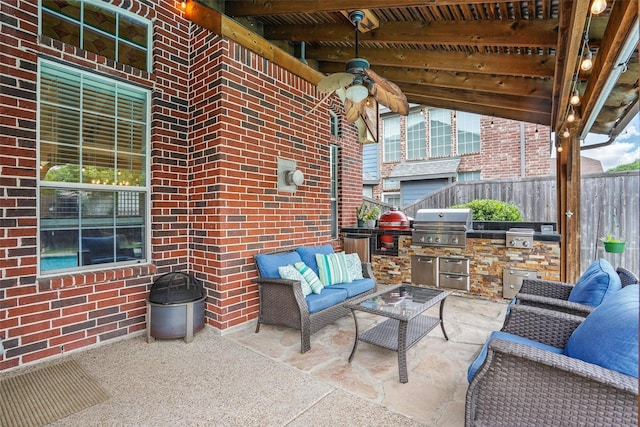 209 Odyssey Ln, Mansfield, TX 76063 - view of patio featuring an outdoor living space, a ceiling fan, exterior kitchen, fence, and grilling area