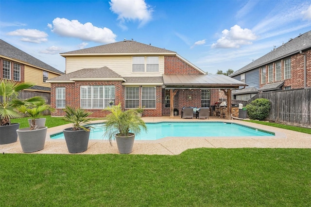 209 Odyssey Ln, Mansfield, TX 76063 - view of swimming pool with outdoor lounge area, a yard, a fenced backyard, and a fenced in pool