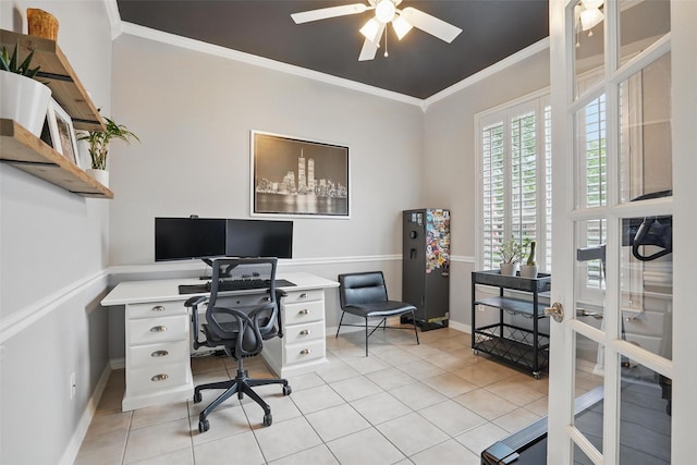 209 Odyssey Ln, Mansfield, TX 76063 - office with a ceiling fan, baseboards, crown molding, and light tile patterned flooring