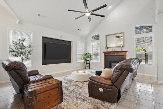 209 Odyssey Ln, Mansfield, TX 76063 - living area featuring high vaulted ceiling, visible vents, a fireplace, ceiling fan, and tile patterned flooring