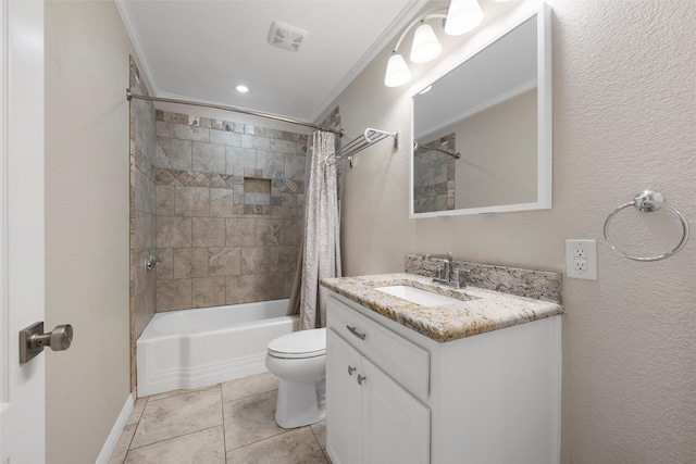 bathroom featuring toilet, visible vents, tile patterned floors, vanity, and shower / bath combo