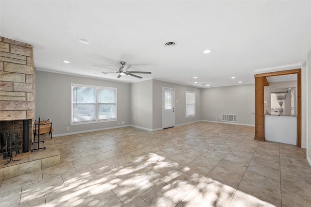 unfurnished living room with visible vents, recessed lighting, ceiling fan, crown molding, and baseboards