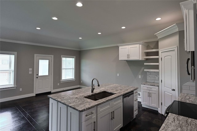 250 Martis Way, Abilene, TX 79602 - kitchen with a sink, open shelves, recessed lighting, crown molding, and stainless steel dishwasher