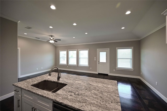 250 Martis Way, Abilene, TX 79602 - kitchen featuring a sink, ornamental molding, visible vents, open floor plan, and baseboards