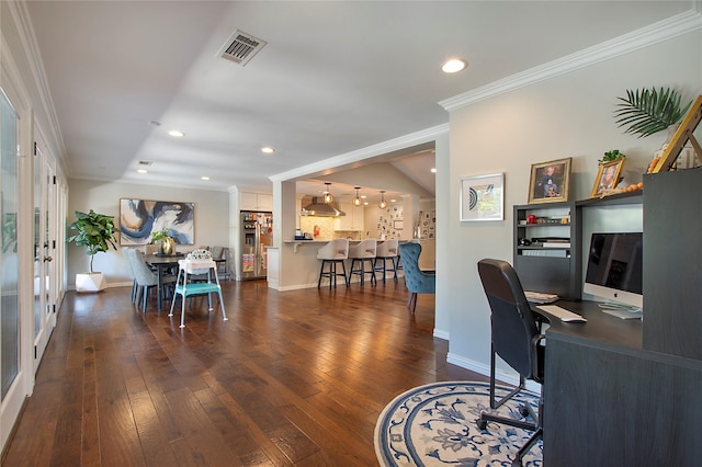 office area featuring dark wood-type flooring, crown molding, baseboards, recessed lighting, and french doors
