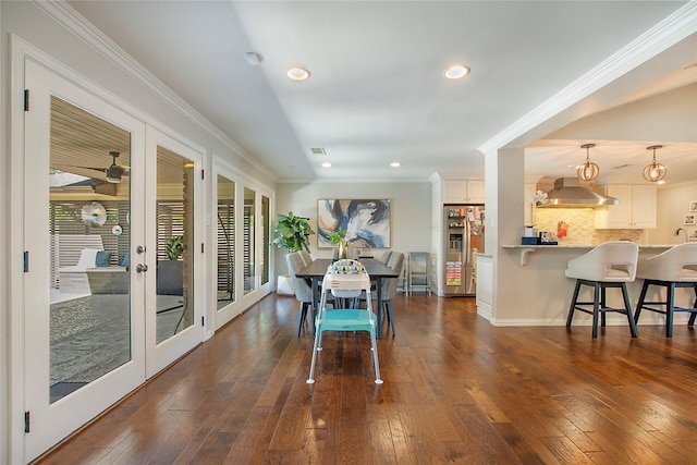 7032 Roundrock Rd, Dallas, TX 75248 - dining room featuring recessed lighting, french doors, dark wood finished floors, and crown molding