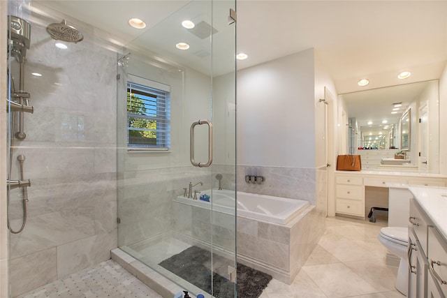 bathroom featuring vanity, a stall shower, tile patterned flooring, a bath, and recessed lighting