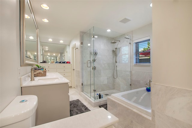 full bath featuring a bath, a stall shower, vanity, toilet, and recessed lighting
