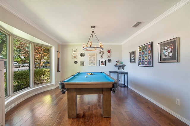 playroom with billiards table, ornamental molding, dark wood-style floors, baseboards, and a chandelier