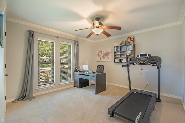 workout room with carpet floors, a ceiling fan, ornamental molding, and baseboards