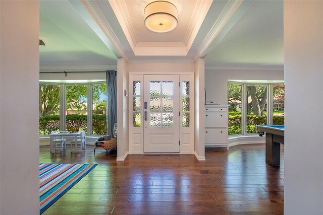 entryway featuring a tray ceiling, hardwood / wood-style floors, and crown molding
