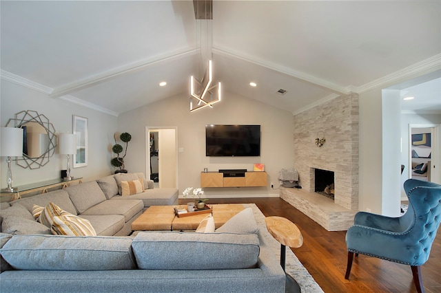 living area with wood finished floors, a fireplace, a chandelier, recessed lighting, and baseboards