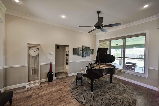 8301 Cimarron Trl, Abilene, TX 79606 - living area with baseboards, ornamental molding, ceiling fan, and wood finished floors