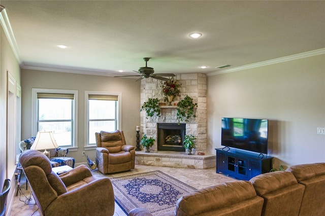 8301 Cimarron Trl, Abilene, TX 79606 - living area with ornamental molding, visible vents, recessed lighting, ceiling fan, and a stone fireplace