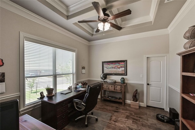 8301 Cimarron Trl, Abilene, TX 79606 - home office featuring coffered ceiling, dark wood-type flooring, a ceiling fan, and crown molding