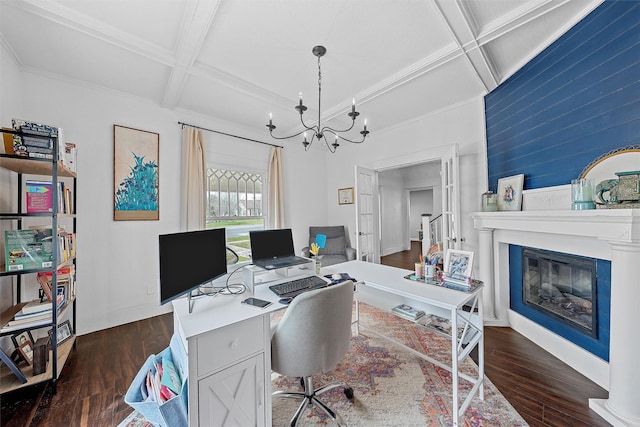 home office with coffered ceiling, beam ceiling, dark wood-type flooring, and an inviting chandelier