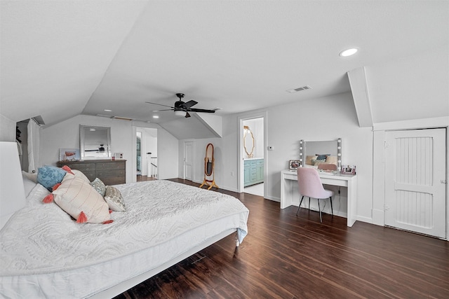 bedroom featuring lofted ceiling, wood finished floors, visible vents, recessed lighting, and ceiling fan
