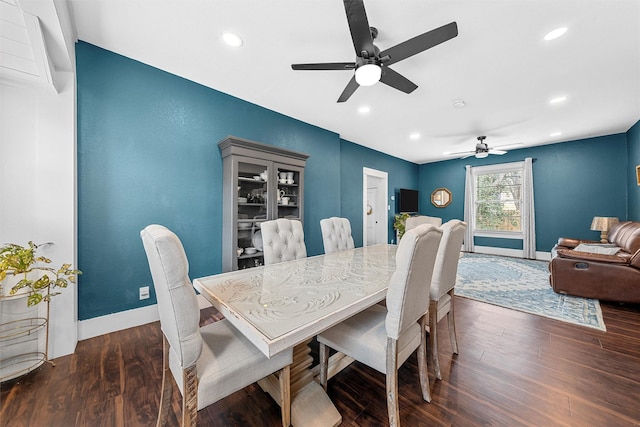 dining room with a ceiling fan, baseboards, recessed lighting, and wood finished floors