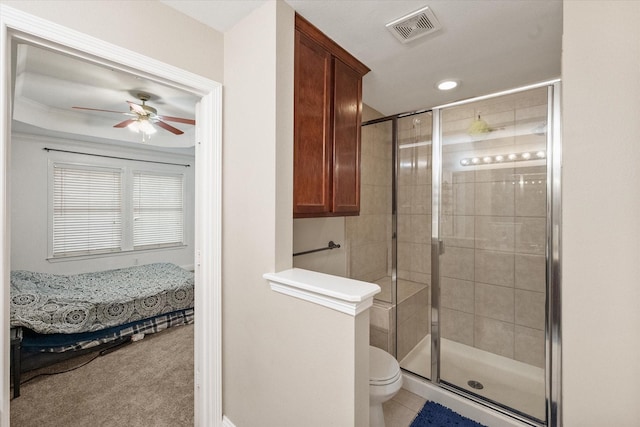 13336 Patito Pl Unit 7, Dallas, TX 75240 - ensuite bathroom with toilet, visible vents, a stall shower, ceiling fan, and connected bathroom