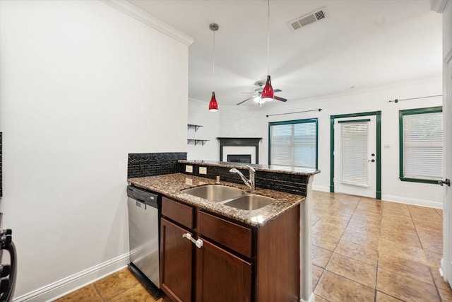 13336 Patito Pl Unit 7, Dallas, TX 75240 - kitchen with a sink, stainless steel dishwasher, ceiling fan, a peninsula, and open floor plan