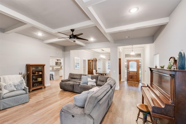 living area with light wood-type flooring, recessed lighting, beamed ceiling, coffered ceiling, and baseboards