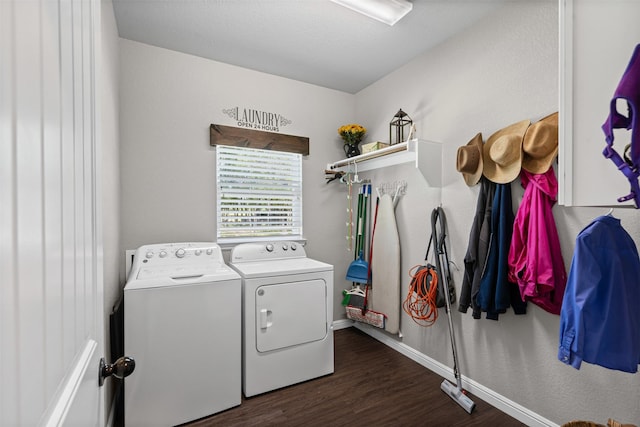6093 S Fm 730, Decatur, TX 76234 - clothes washing area featuring washing machine and clothes dryer, dark wood-type flooring, and baseboards