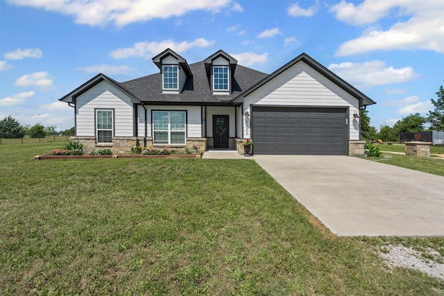 6093 S Fm 730, Decatur, TX 76234 - view of front of house featuring an attached garage, stone siding, driveway, roof with shingles, and a front yard